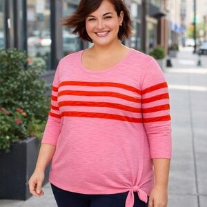 Talbots Plus Size Cotton Calm Stripe Tie-Hem Slub Cotton Blend Top | 3/4 Sleeves